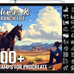May include: A digital illustration of a brown horse with a saddle, a cowboy sitting on a hill, and a landscape with a large white cloud. The text "Horses & Ranch Life" is at the top of the image. The text "100+ Stamps for Procreate" is at the bottom of the image. There are 100+ white outline stamps of horses, cowboys, and ranch life objects on the right side of the image.