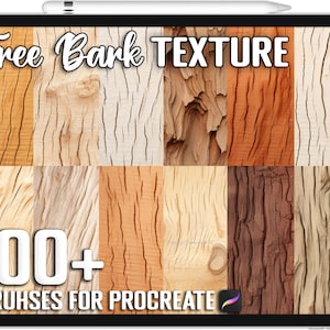 Puede incluir: Una ilustración digital de una pantalla de tableta que muestra un conjunto de más de 100 pinceles de textura de corteza de árbol para Procreate. La imagen muestra una variedad de texturas de corteza en diferentes colores y patrones.