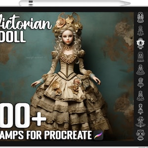 以下が含まれることがあります： 白いドレスと花冠をつけたビクトリア朝の人形のデジタルイラスト。人形は、金色がかった緑色の背景に囲まれています。「Victorian Doll」と「100+ Stamps for Procreate」というテキストが画像に表示されています。