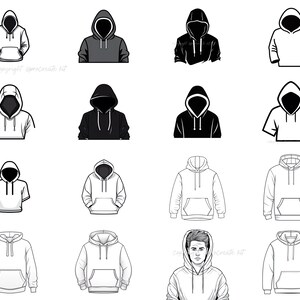 May include: A set of 12 black and white illustrations of hooded sweatshirts. The sweatshirts are shown in various poses and styles, including with the hood up and down, with the sleeves rolled up and down, and with the zipper open and closed.