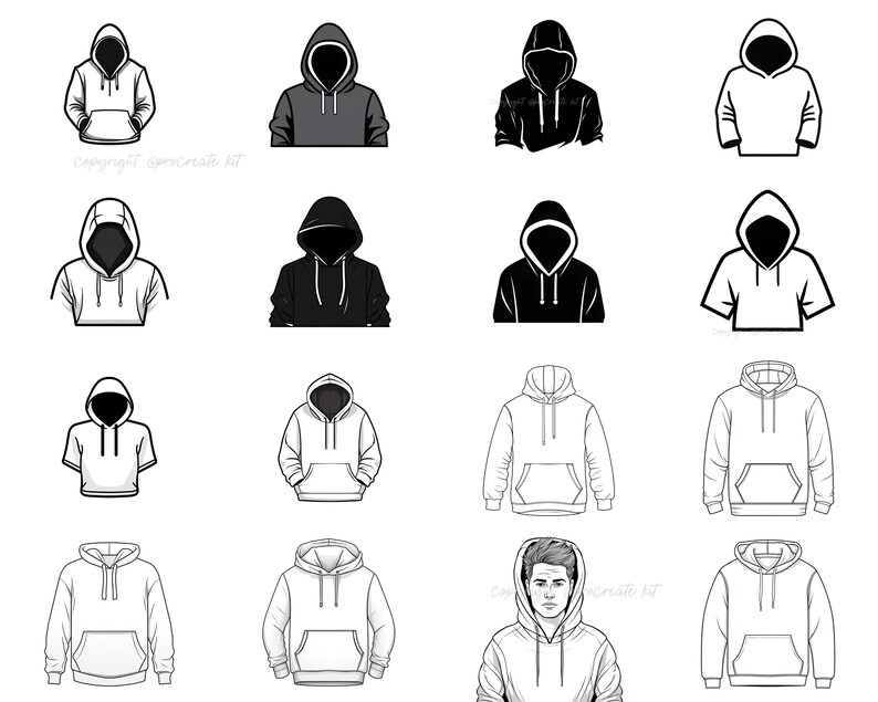 May include: A set of 12 black and white illustrations of hooded sweatshirts. The sweatshirts are shown in various poses and styles, including with the hood up and down, with the sleeves rolled up and down, and with the zipper open and closed.