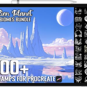 Può includere: Un'illustrazione digitale di un pianeta alieno con montagne ghiacciate e un cielo blu. L'immagine è sullo schermo di un tablet con una penna bianca. Il testo "Alien Planet BIOMES BUNDLE" e "100+ STAMPS FOR PROCREATE" è visualizzato sullo schermo. L'immagine è un prodotto di arte digitale da utilizzare nell'app Procreate.