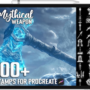 May include: A digital illustration of a blue and white axe with a handle wrapped in leather. The axe is set against a background of a snowy mountain range. The text "Mythical Weapon" and "100+ Stamps for Procreate" is displayed on the image.