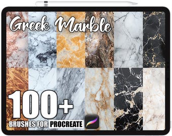 May include: A digital tablet displays a collection of marble textures. The text "Greek Marble" is at the top, with "100+ Brushes for Procreate" at the bottom. The marble patterns vary in color, including white, gold, black, and brown.