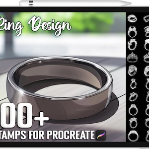 Könnte beinhalten: Eine digitale Illustration eines silbernen Rings auf einer Holzoberfläche. Das Bild befindet sich auf einem Tablet-Bildschirm mit dem Text "Ring Design" und "100+ Stamps for Procreate" auf dem Bildschirm. Das Bild zeigt auch ein Raster mit über 100 verschiedenen Ringdesigns.