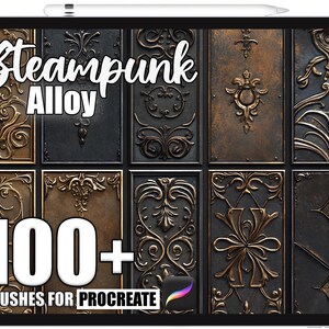 Op de afbeelding: Een tablet toont digitale kunstpenselen in steampunk-stijl voor Procreate. De afbeelding toont sierlijke metalen panelen met ingewikkelde details. De tekst luidt "Steampunk Alloy 100+ Brushes for Procreate", voor digitale kunstenaars.