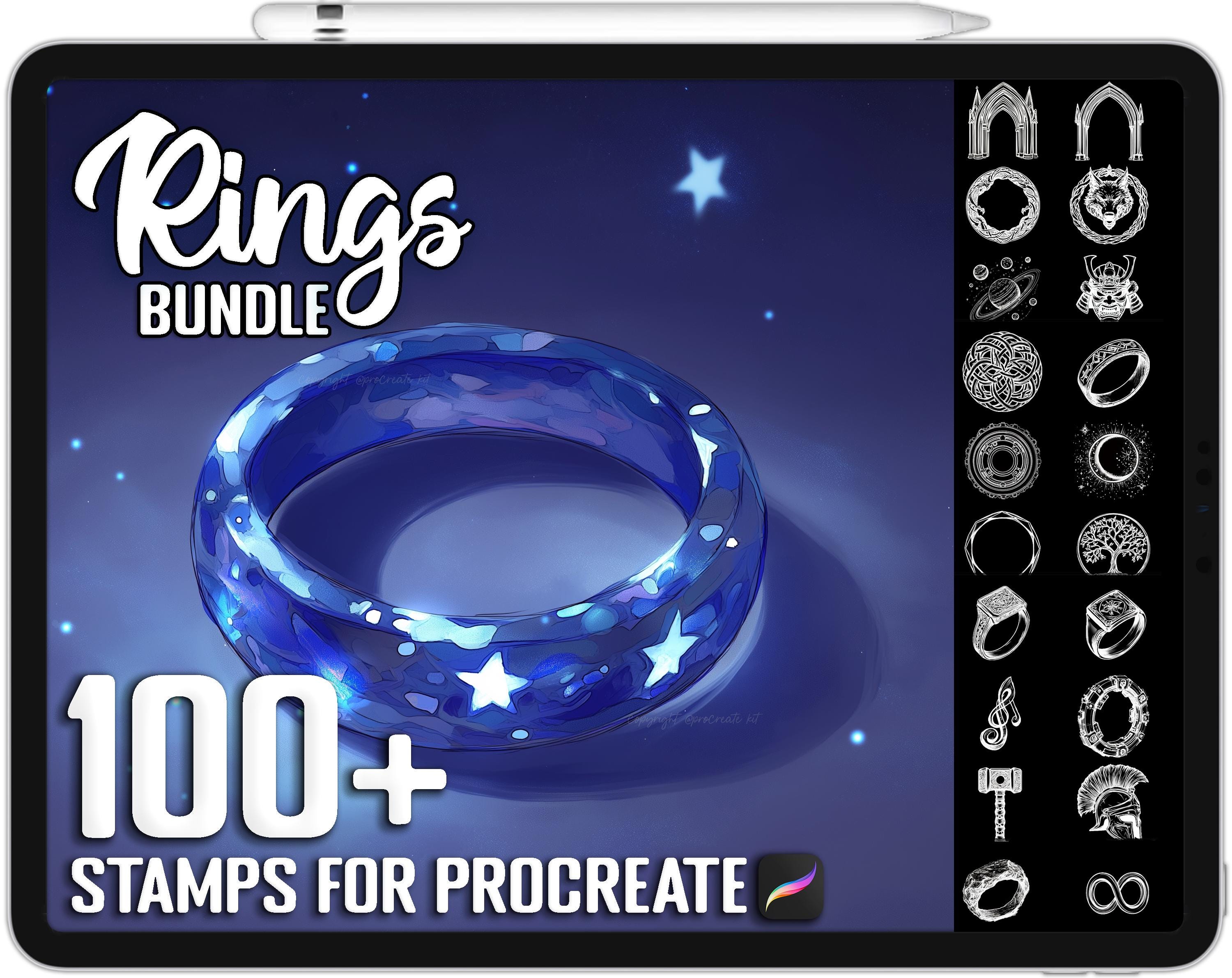 Set de 100+ sellos y pinceles para Procreate – Anillos de compromiso, boda y gemas