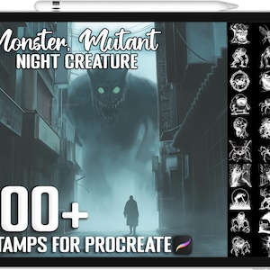 May include: A digital illustration of a monster in a dark alleyway. The image is a product listing for 100+ stamps for Procreate, featuring a variety of monster and creature designs. The text "Monster, Mutant NIGHT CREATURE" is at the top of the image.