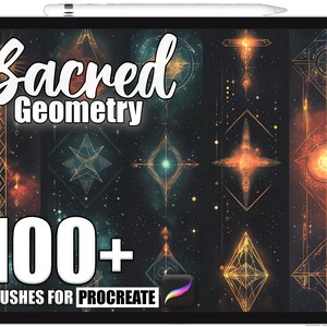 Op de afbeelding: Een digitale tablet toont geometrische kunstpenselen. De woorden "Sacred Geometry" staan bovenaan, met "100+ Brushes for Procreate" onderaan. Het kunstwerk toont gouden en teal geometrische vormen tegen een donkere achtergrond.