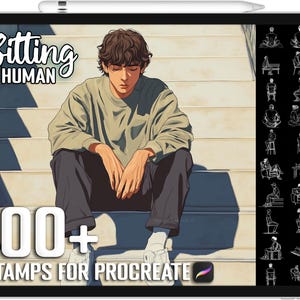 May include: A digital illustration of a person sitting on stairs. The image is a digital product for use in the Procreate app. The text "Sitting Human" and "100+ Stamps for Procreate" is displayed on the image.
