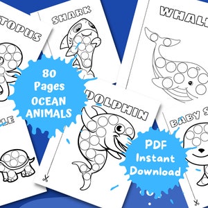 Puede incluir: Un conjunto de 80 páginas imprimibles con animales marinos, incluyendo un pulpo, un tiburón, una ballena, un delfín, una tortuga y una foca bebé. Cada animal está ilustrado con un contorno punteado para que los niños lo coloreen.