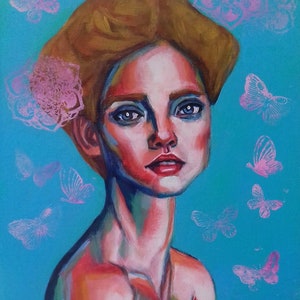 tableau décoratif original peinture portrait femme sur carton entoilé