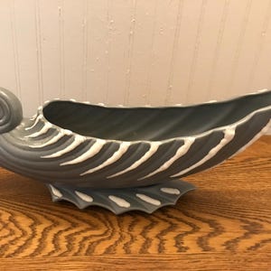 May include: A gray ceramic planter shaped like a seashell with white stripes. The planter has a wide, open top and a curled base.