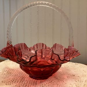 Vintage Fenton Cranberry Ruffled Basket with Clear Handle