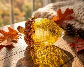 Vintage Amber Crackle Glass Acorn Decor 5.5", Mid Century Modern Blown Art Glass Paperweight, Thanksgiving Harvest Table Autumn Centerpiece