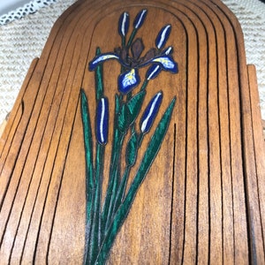 Handmade Folding Wooden Trivet Basket Wallhanging with Handpainted and Handcarved Iris artwork.