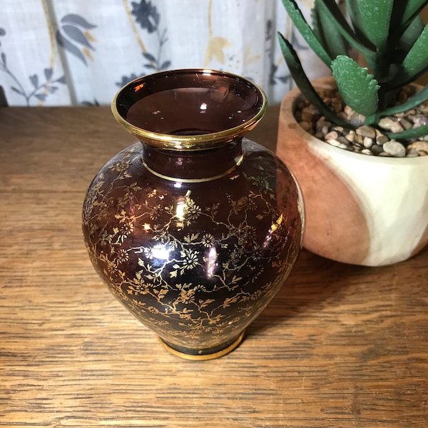 Murano Vase Purple Amethist Bud Vase with Gold Flowers Vecchia or Ferro Lazzarini