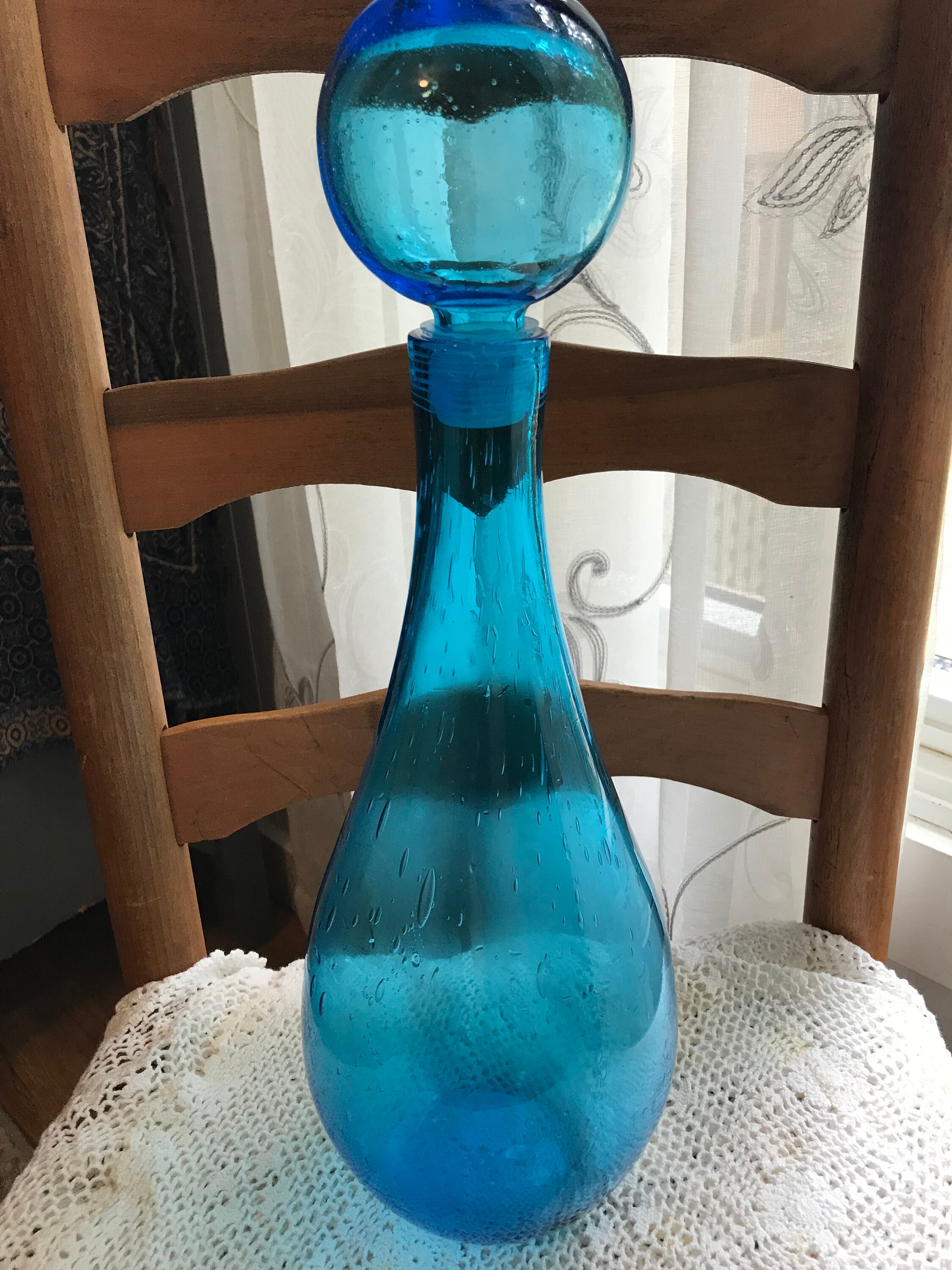 Vintage Blue Blown Bubble Glass Decanter - Etsy