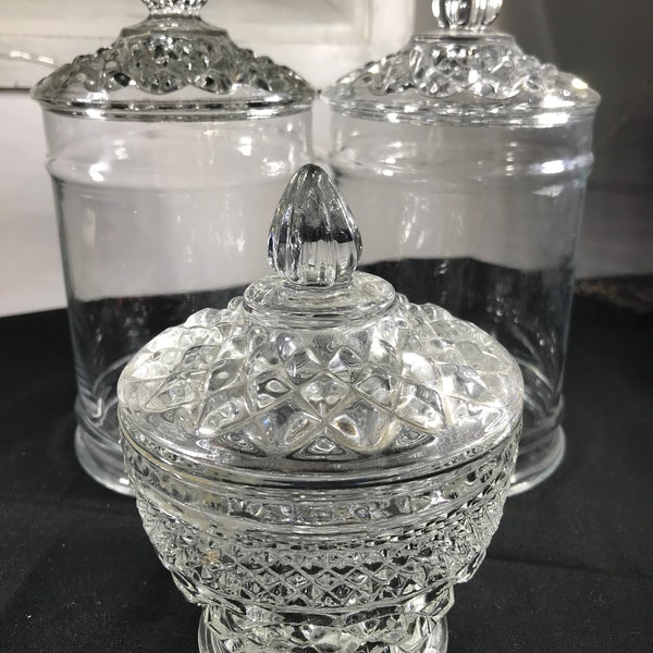 1940’s Anchor Hocking Pressed Glass Candy Jar with 2 Extra Lids and Cannisters