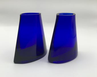 Retro Cobalt Blue Bud Vases: 90&#39;s Modern Pocket Vase Pair