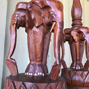 Pair of Vintage Hand Carved Teak Wood Elephant Lamps