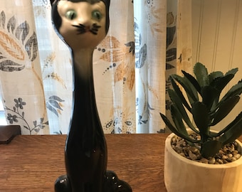 Vintage Mid-cent Figurine Long Neck Black Cat With Blue Eyes - Etsy