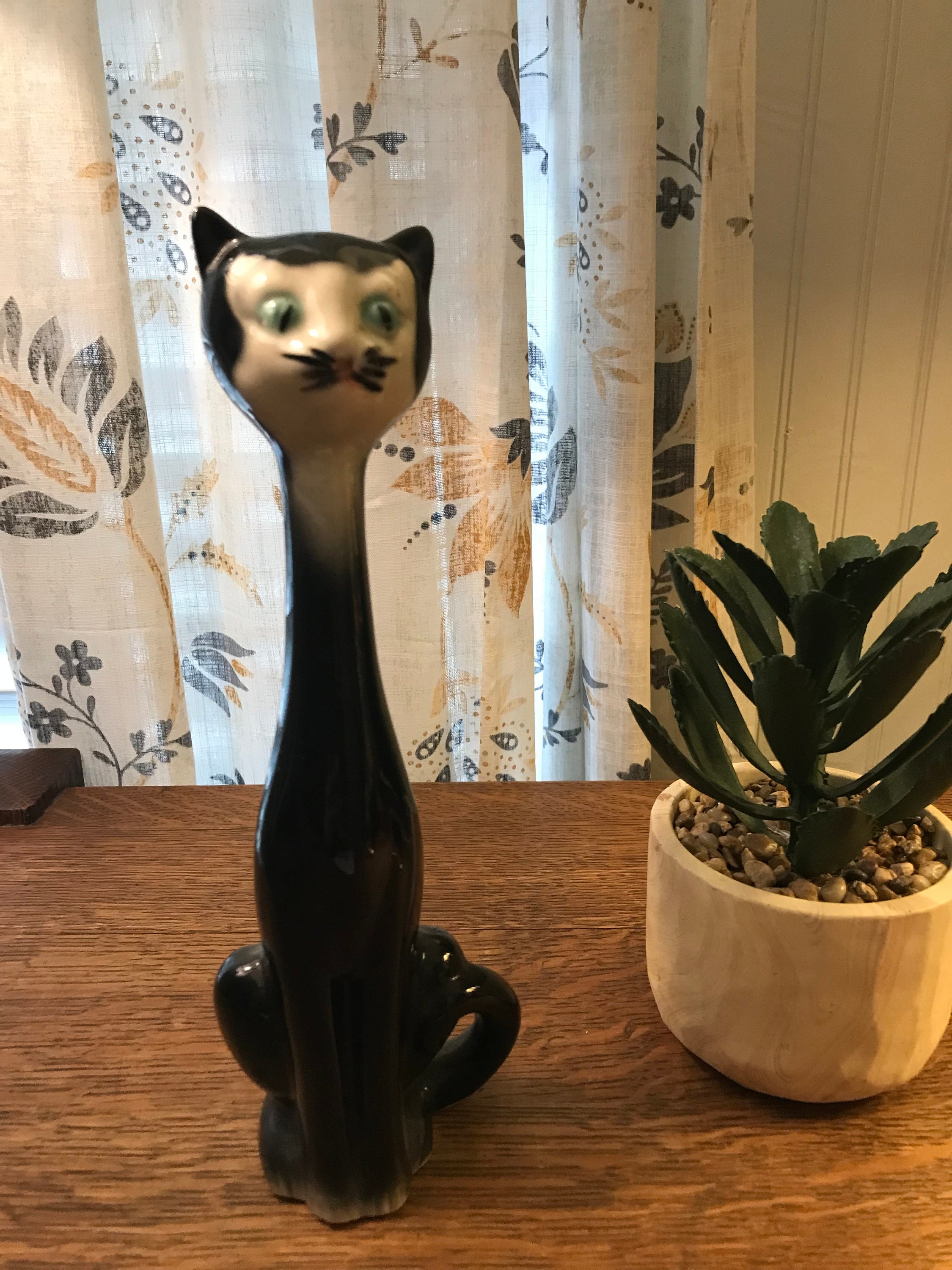 Vintage Mid-cent Figurine Long Neck Black Cat With Blue Eyes - Etsy