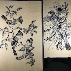 Vintage Bird Needlework Art: Signed Framed Wall Hangings, Set of 2