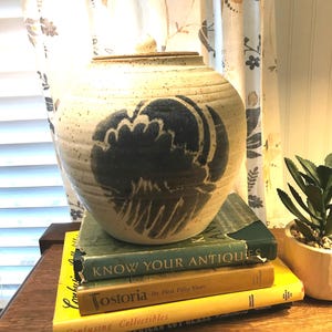 Signed Smolenski Pottery Crock/Jar with Lid and Handpainted Indigo Design