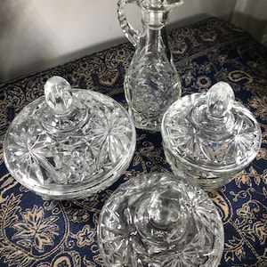 Vintage Anchor Hocking “Star of David” Pattern Set of Clear Pressed Glass Serving Peices