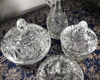 Vintage Anchor Hocking “Star of David” Pattern Set of Clear Pressed Glass Serving Peices