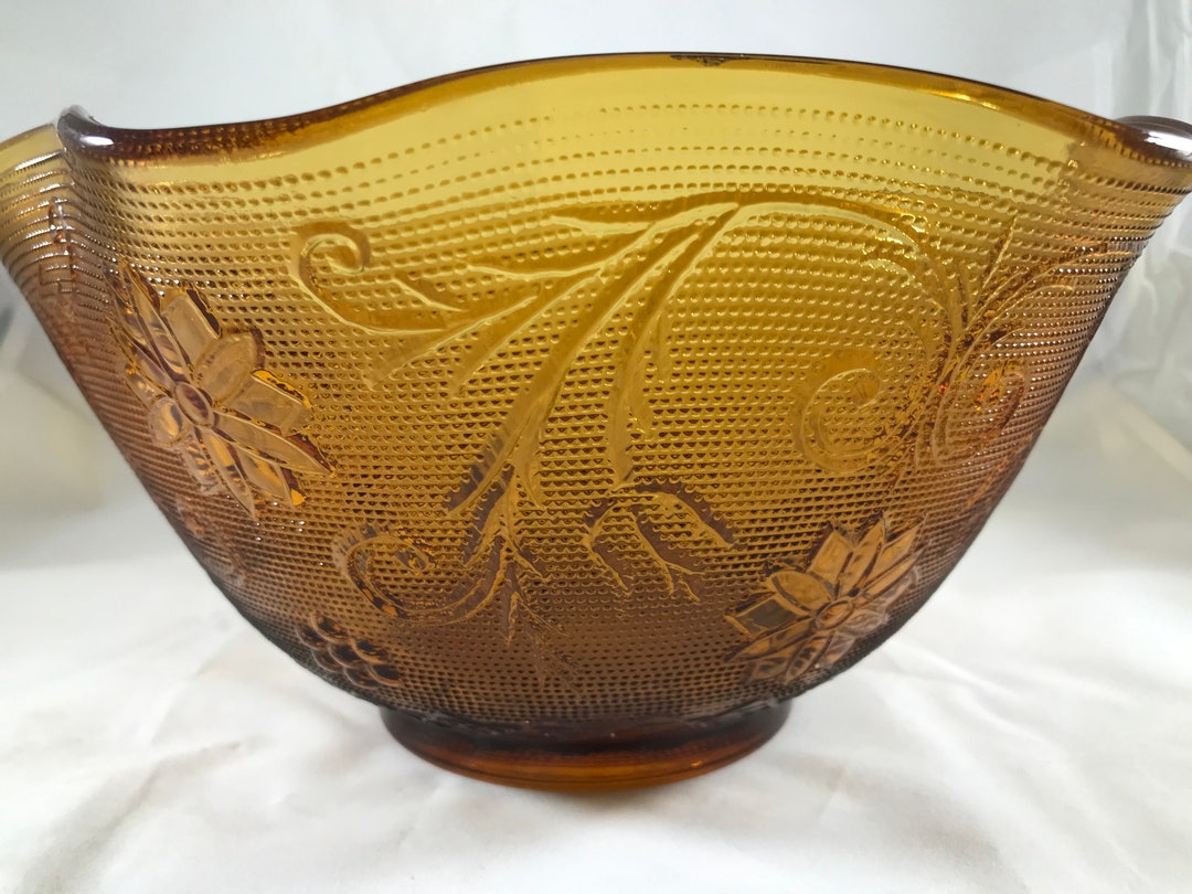 Tiara Amber Glass Sandwich Pattern Ruffled Bowl Etsy