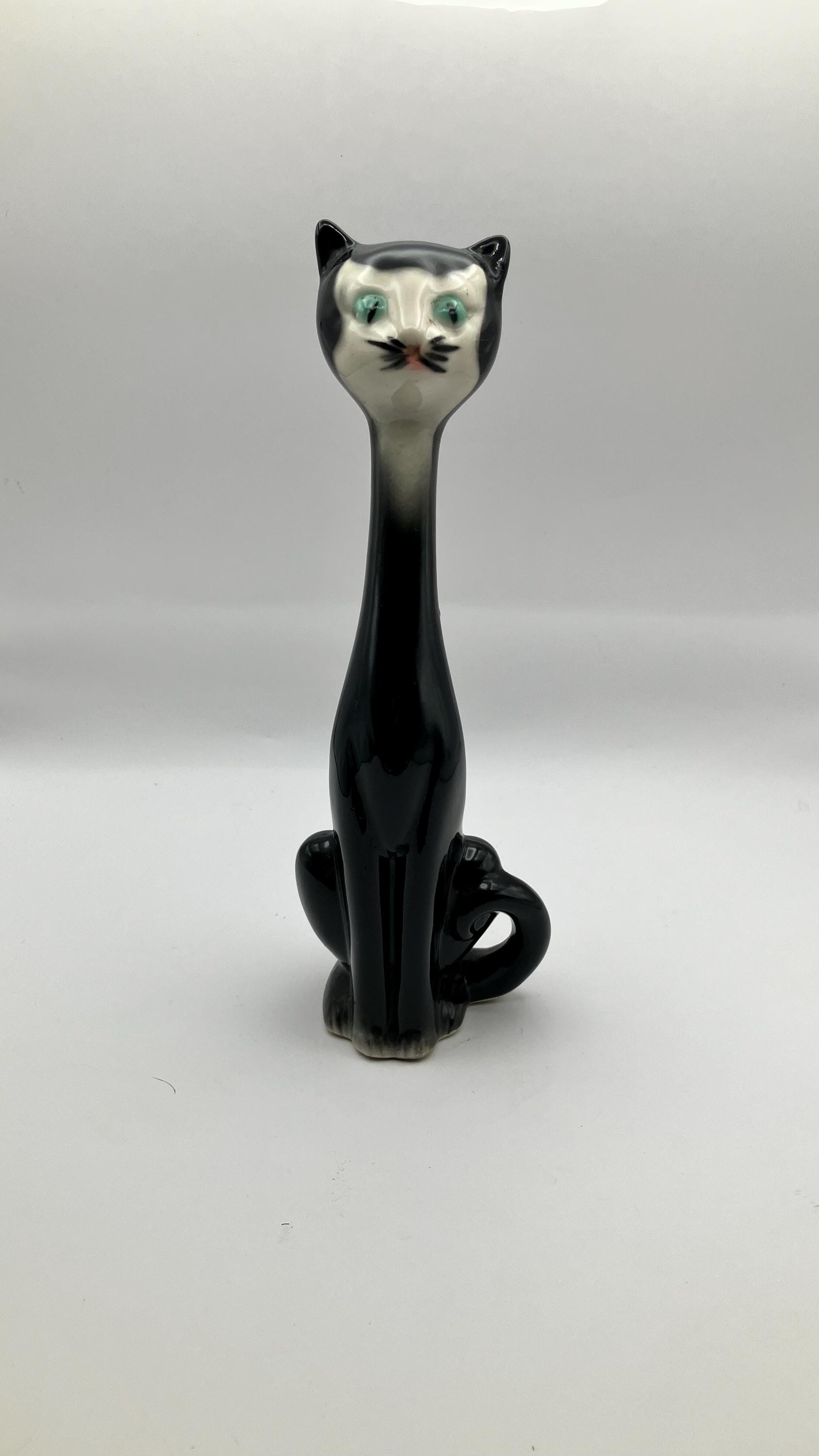 Vintage Mid-cent Figurine Long Neck Black Cat With Blue Eyes - Etsy
