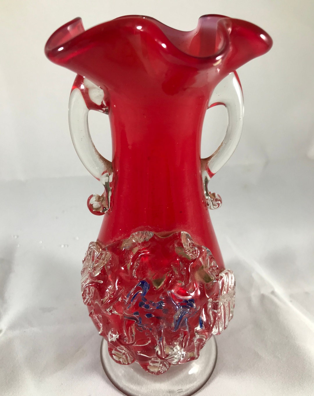 Vintage Red Blown Glass Vase With Applied Clear and Blue Flower and