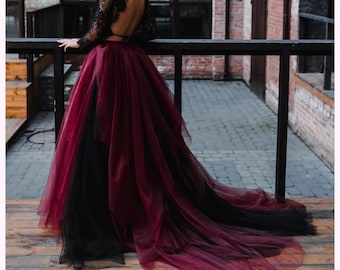 Black and Mulberry Magic Ombre Skirt and Sophia Boho Backless Top, Black Wine Wedding Dress, Black Gothic Gown, Black wedding lace top