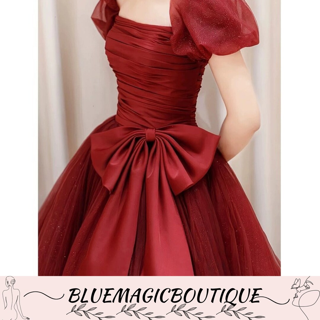 Wine Red Glitter Prom Dress,french Puff Sleeve Dress,wedding Dress