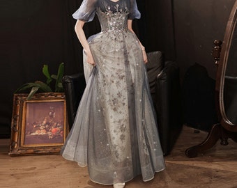 Robe de bal brodée de sequins bleu marine, Robe de fée à manches bouffantes, Robe de mariée, Robe de soirée de bal, Robe de bal, Robe de bal, Robe de princesse, Robe de soirée