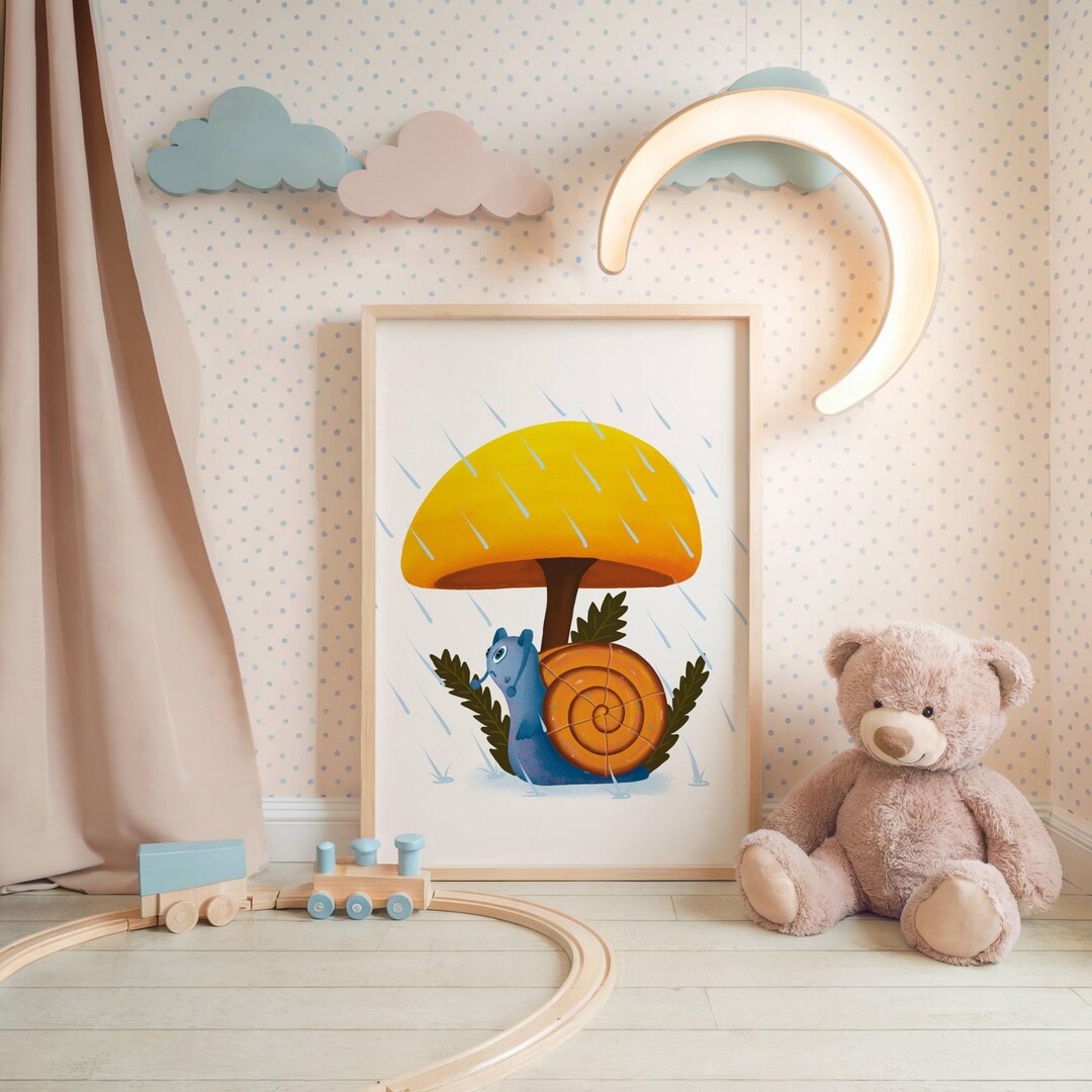 Cute Whimsical Mushroom and Little Snail Yellow Nursery Wall Art Kids ...