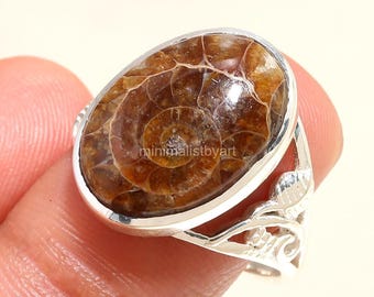 Bague ammonite naturelle : bijoux bohèmes faits main en argent sterling 925