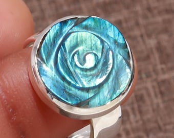 Carved Labradorite Sterling Silver Ring: Boho Statement Jewelry
