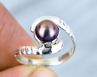 Black Pearl Ring: Round Cut 925 Sterling Silver, June Birthstone