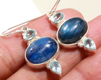 Boucles d'oreilles cyanite et aigue-marine : bijoux en argent sterling avec pierres précieuses bleues