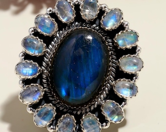 Blue Fire Labradorite Moonstone Ring: Sterling Silver Statement Jewelry