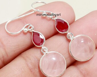 Pendientes colgantes de plata de ley con rubí y cuarzo rosa