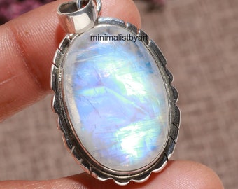 Rainbow Moonstone Pendant Necklace: Sterling Silver Boho Jewelry
