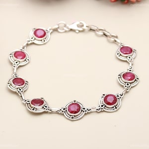 Bracelet rubis véritable : chaîne en argent sterling 925 avec pierres précieuses rouges