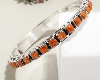 Red Coral Sterling Silver Bangle Bracelet, Gemstone Jewelry