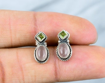 Rose Quartz Stud Earrings, 925 Sterling Silver Earrings, Oval Gemstone Earring, Handmade Peridot Earrings, Handmade Jewelry, Gift For Her