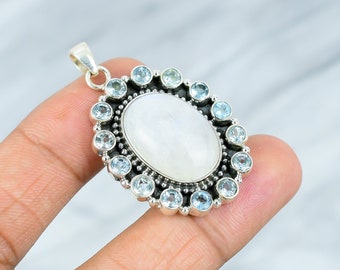 Rainbow Moonstone Pendant-925 Sterling Silver- Moonstone Gemstone-Blue Topaz Jewelry-Moonstone Silver Jewelry-Christmas Gift-Gift For Her
