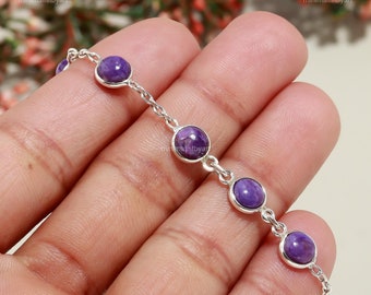 Sterling Silver Charoite Bracelet: Round Gemstone Chain Jewelry